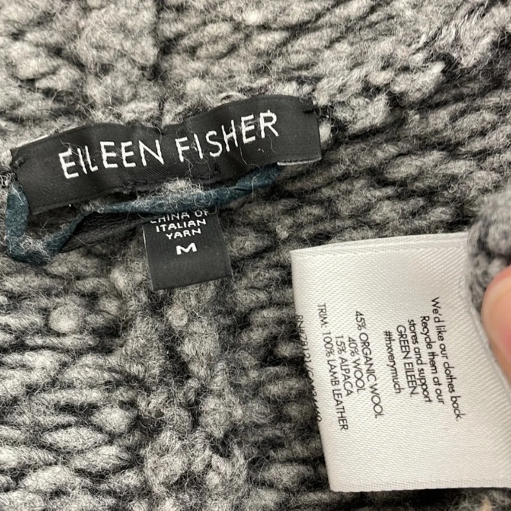 Eileen Fisher Jacket Leather Trim Organic Wool Alpaca Gray Chevron Size Medium - Picture 4 of 6